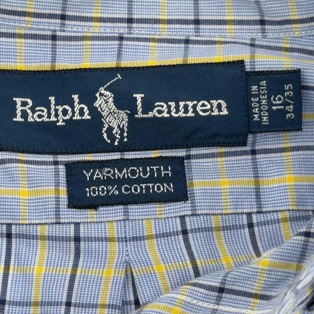 Polo Ralph Lauren Yarmouth Shirt Mens 16 34/35 Blue Yellow Plaid Button-Up